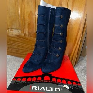 Rialto Blue Suede Heel Boots with Button Detailing.